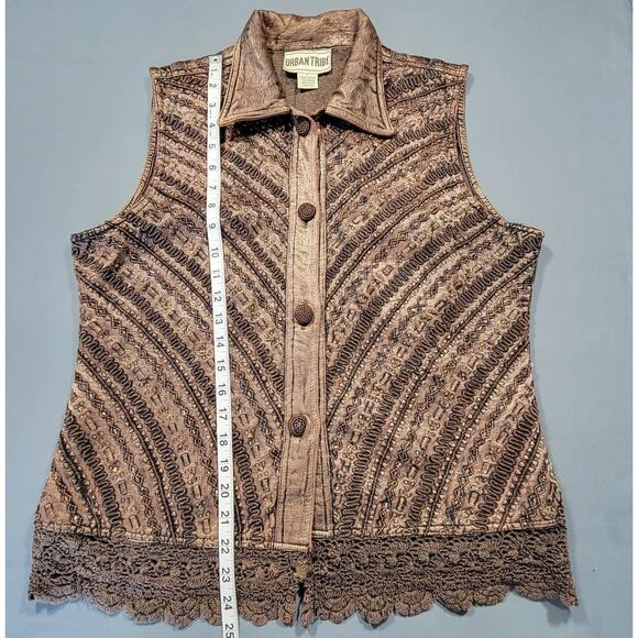 Urban Tribe Brown Vest Geometric Stripe Lace Button Up Classic Y2k Womens Size L - Picture 4 of 7